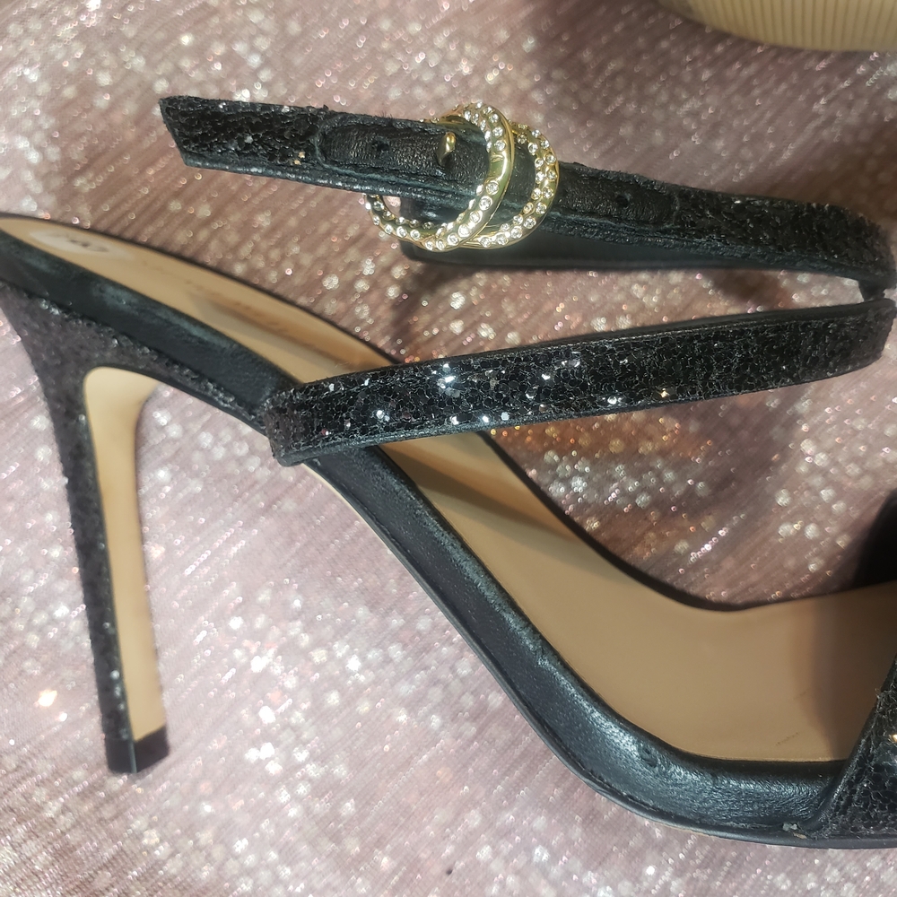 Stuart Weitzman Black Glitter Strappy Ankle Strap Heel Sandals Size 8 - Picture 4 of 9